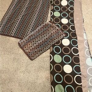 Brown and Blue Circle Pattern shower curtain and towels. 71x71 shower curtain.